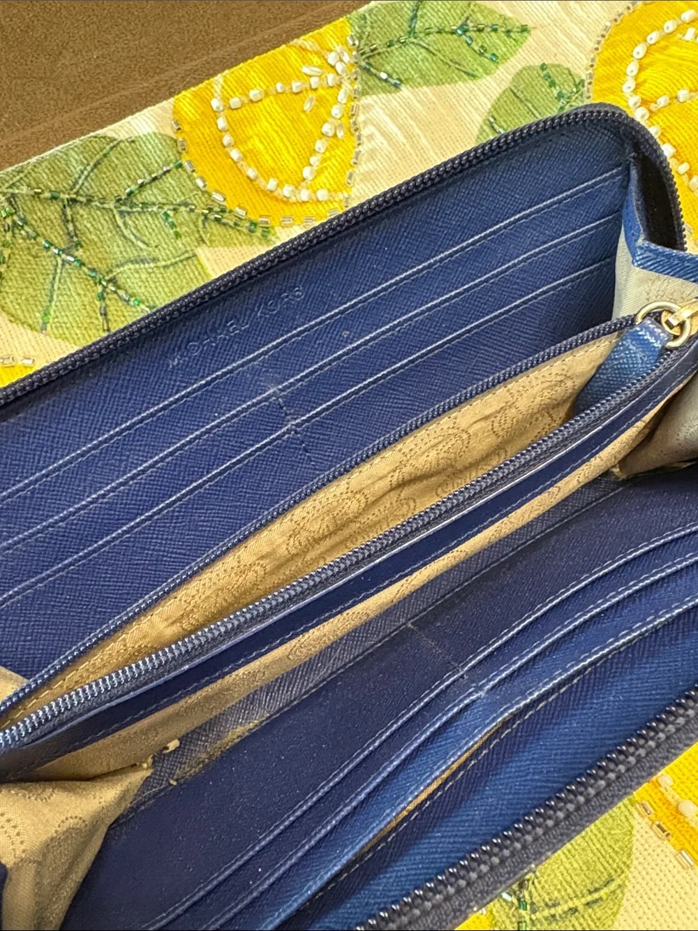 Michael Kors Navy Patent Logo Zip-Around Wallet with Gold Plaque